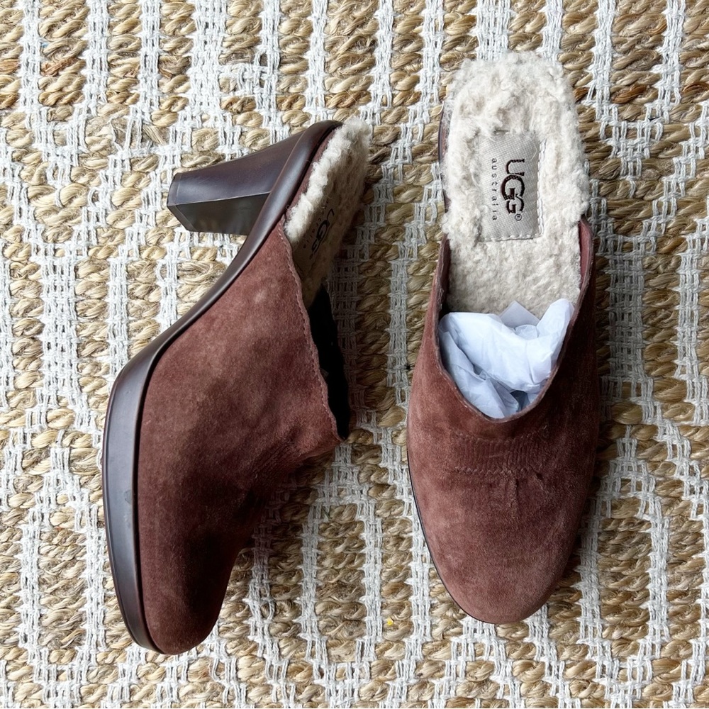 UGG Sherpa Mule Clog Heel Suede Brown Open back Round toe Size 7